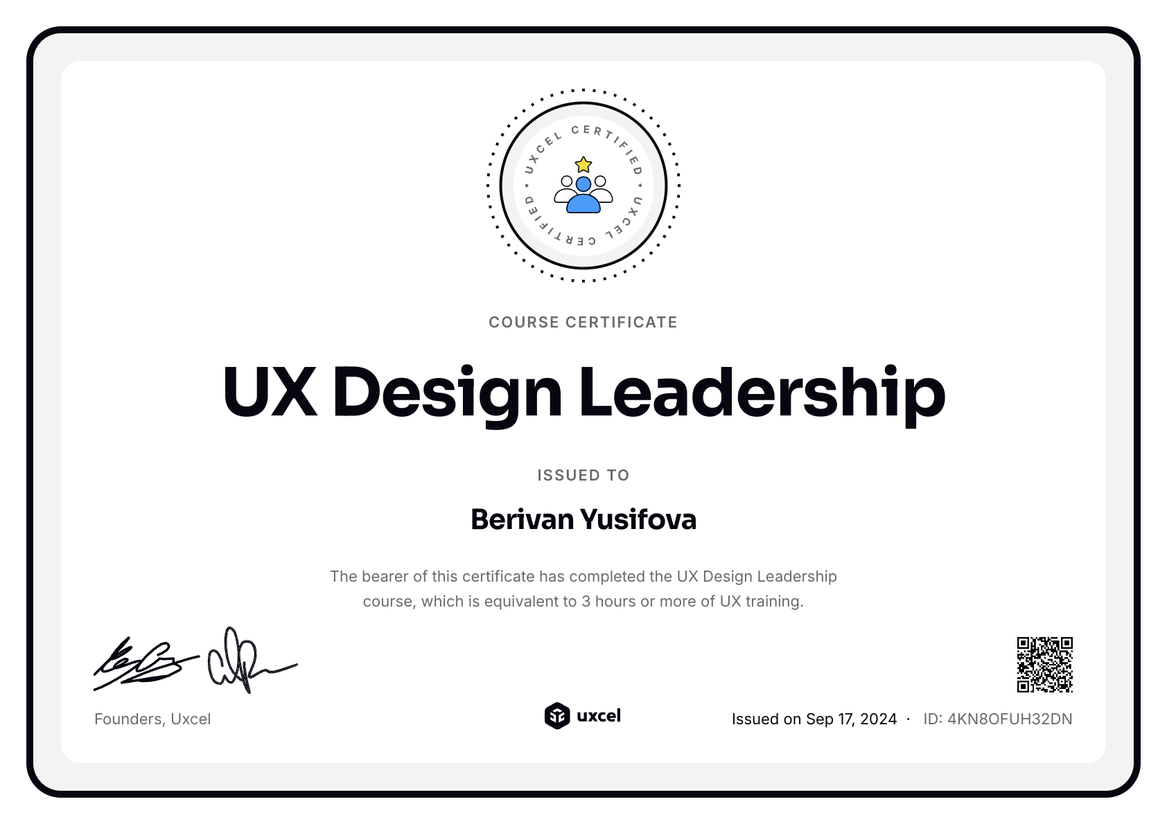 Berivan Yusifova's certificate
